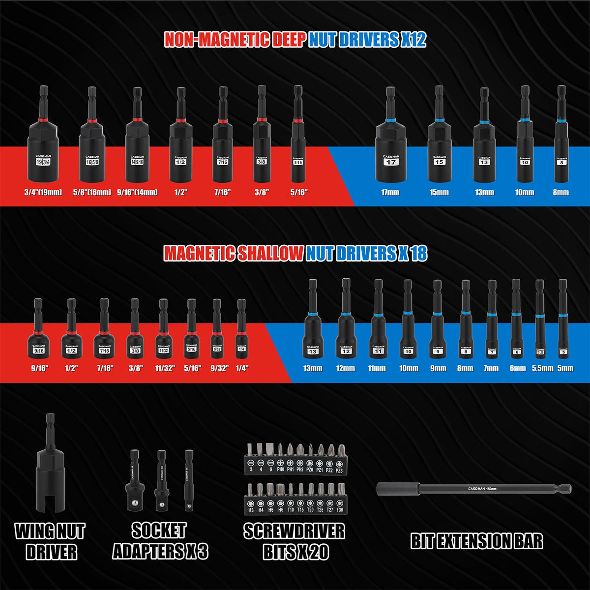 Casoman deep nut drivers arranged for fast reach to bolts.