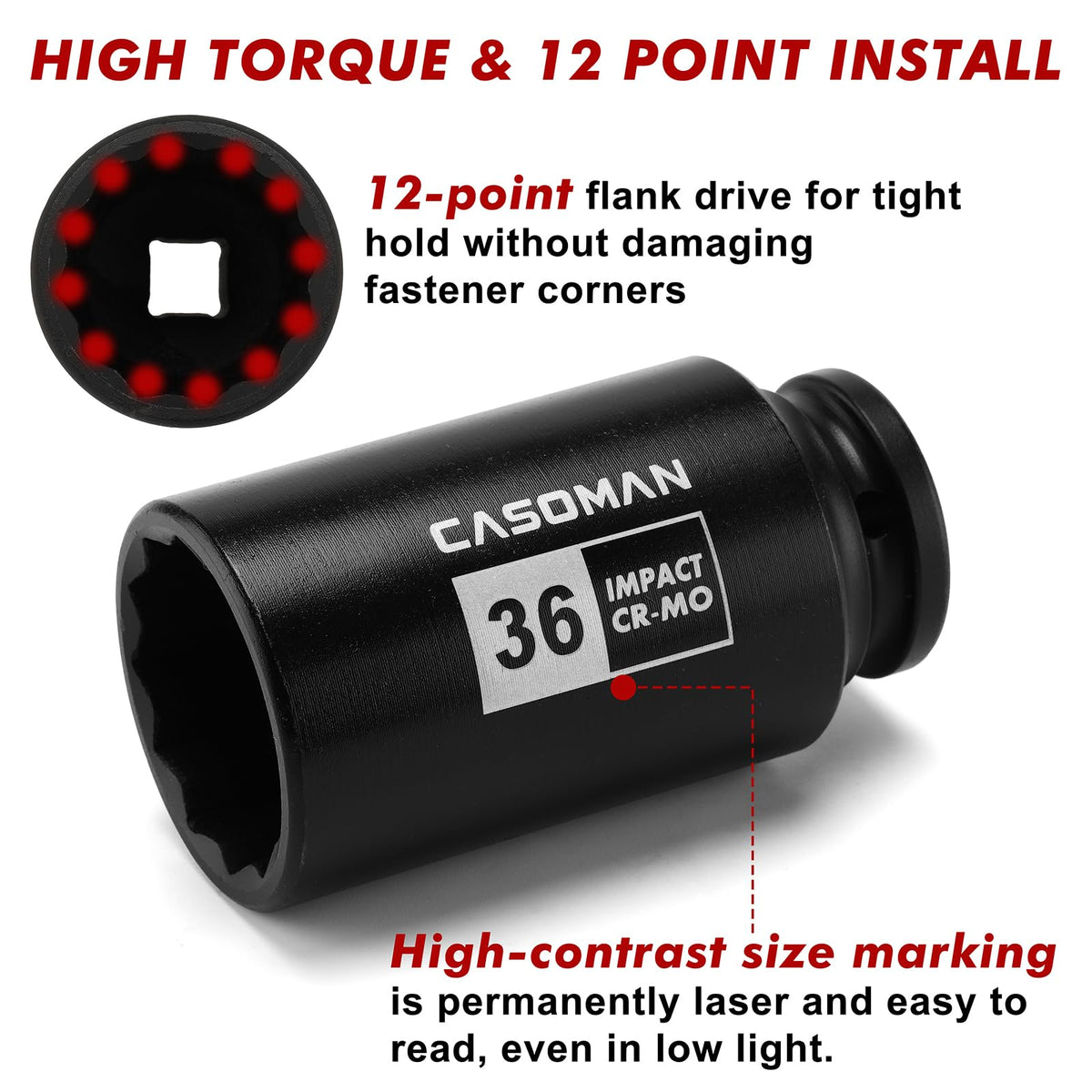 Casoman 34mm deep socket for 12-point fasteners, designed for high-torque applications.