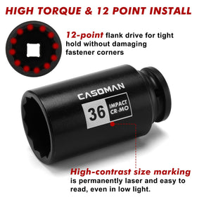 Casoman 34mm deep socket for 12-point fasteners, designed for high-torque applications.