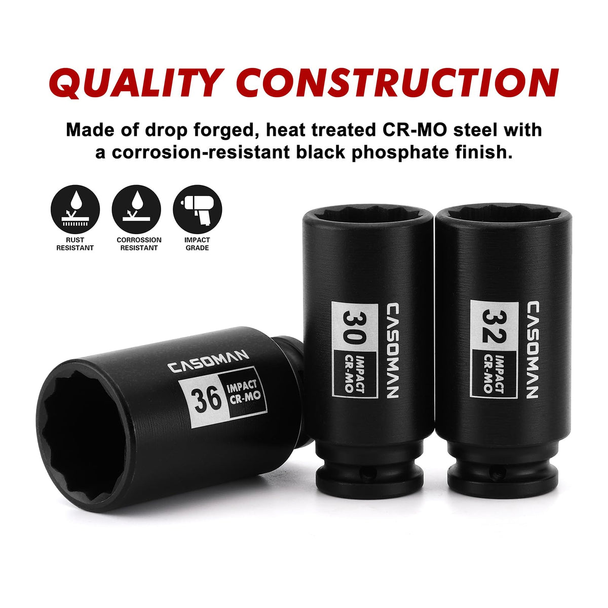 Casoman 35mm deep socket for 12-point fasteners, reduces slipping in tough jobs.
