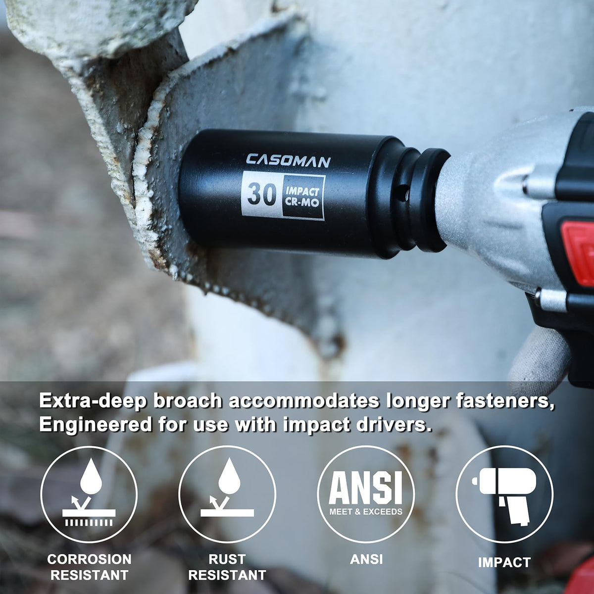 Casoman 36mm deep socket for 12-point fasteners, ideal for automotive maintenance.