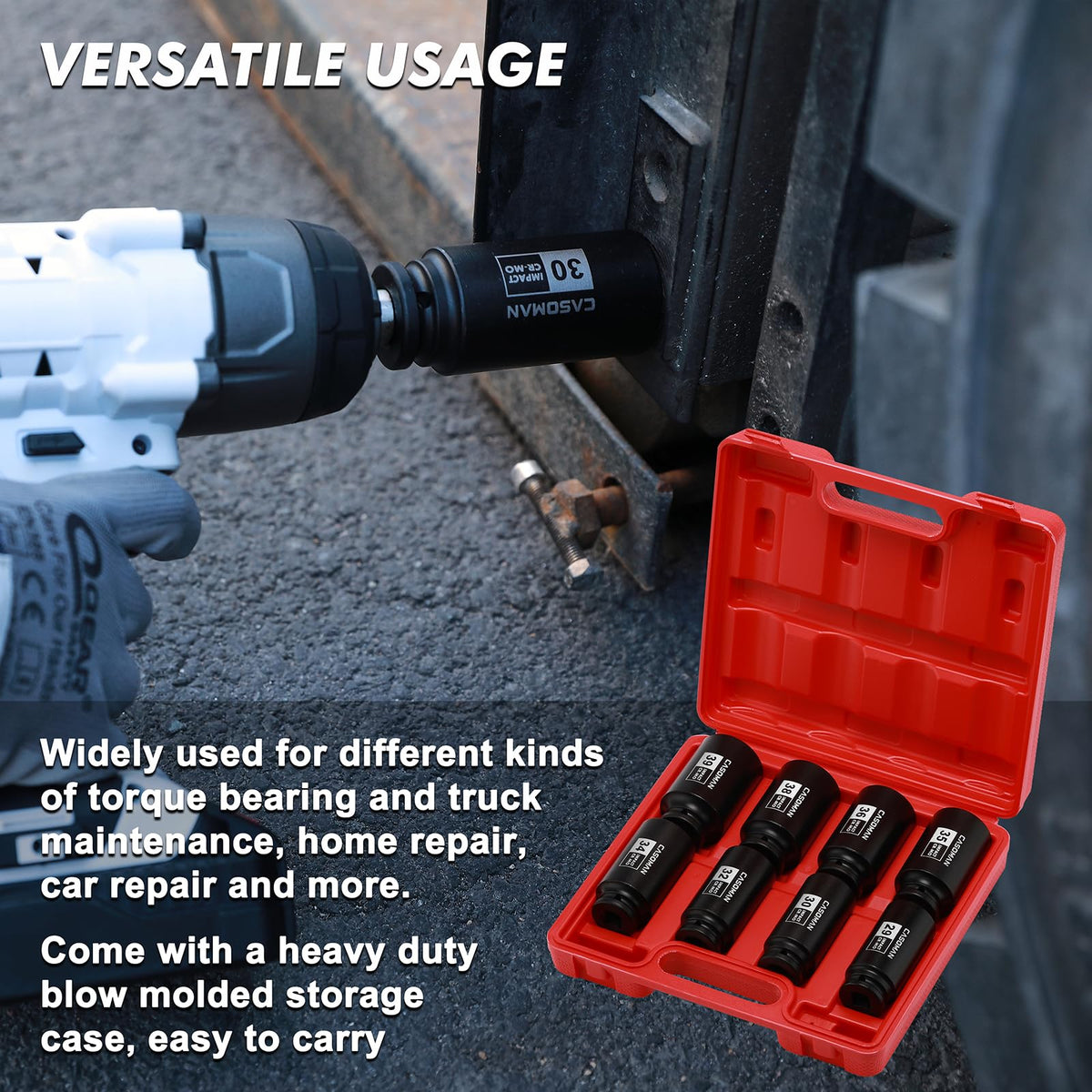 Casoman 38mm deep socket for 12-point fasteners, supports longer bolts with deep broach.