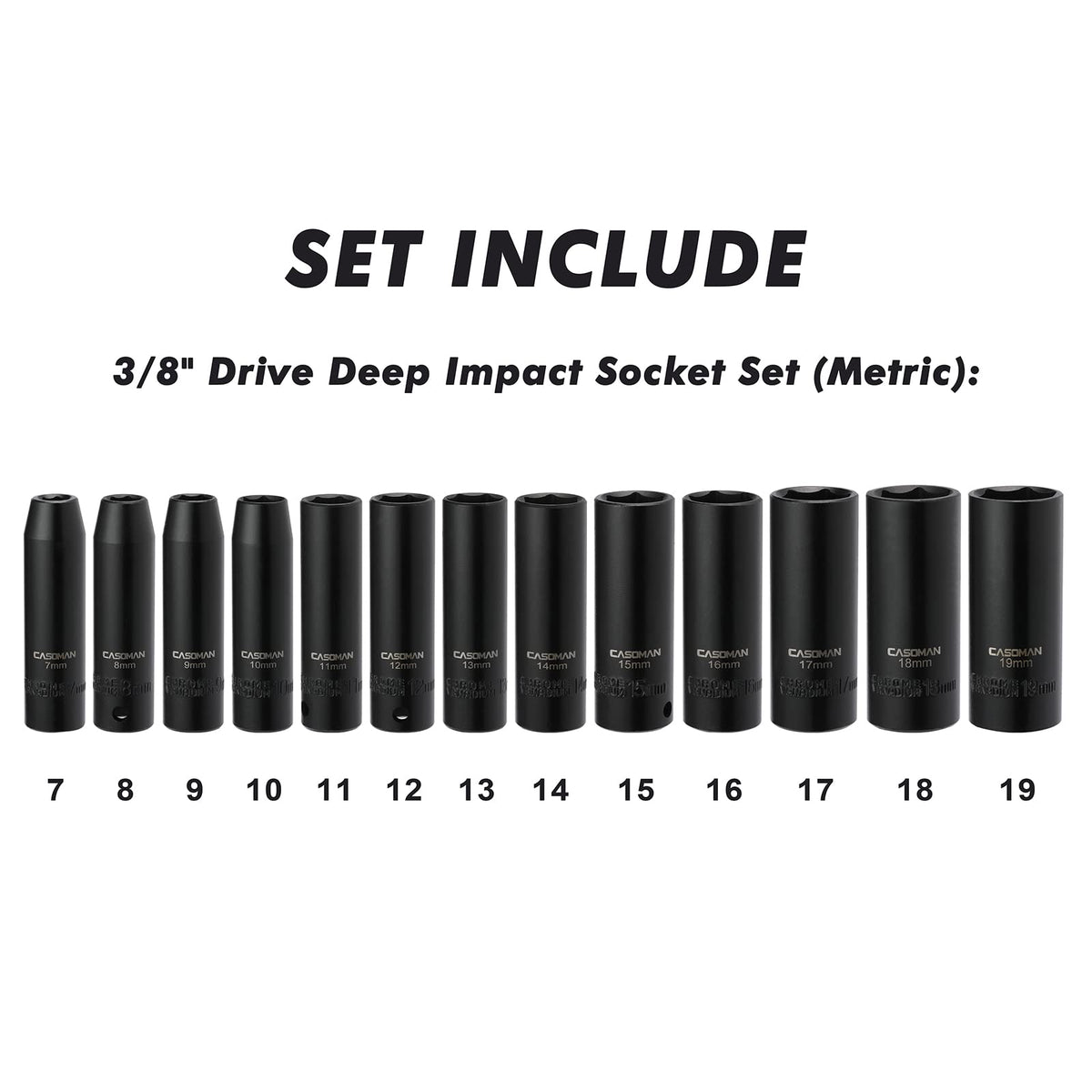 CASOMAN deep sockets with 6-point flank drive for improved grip.