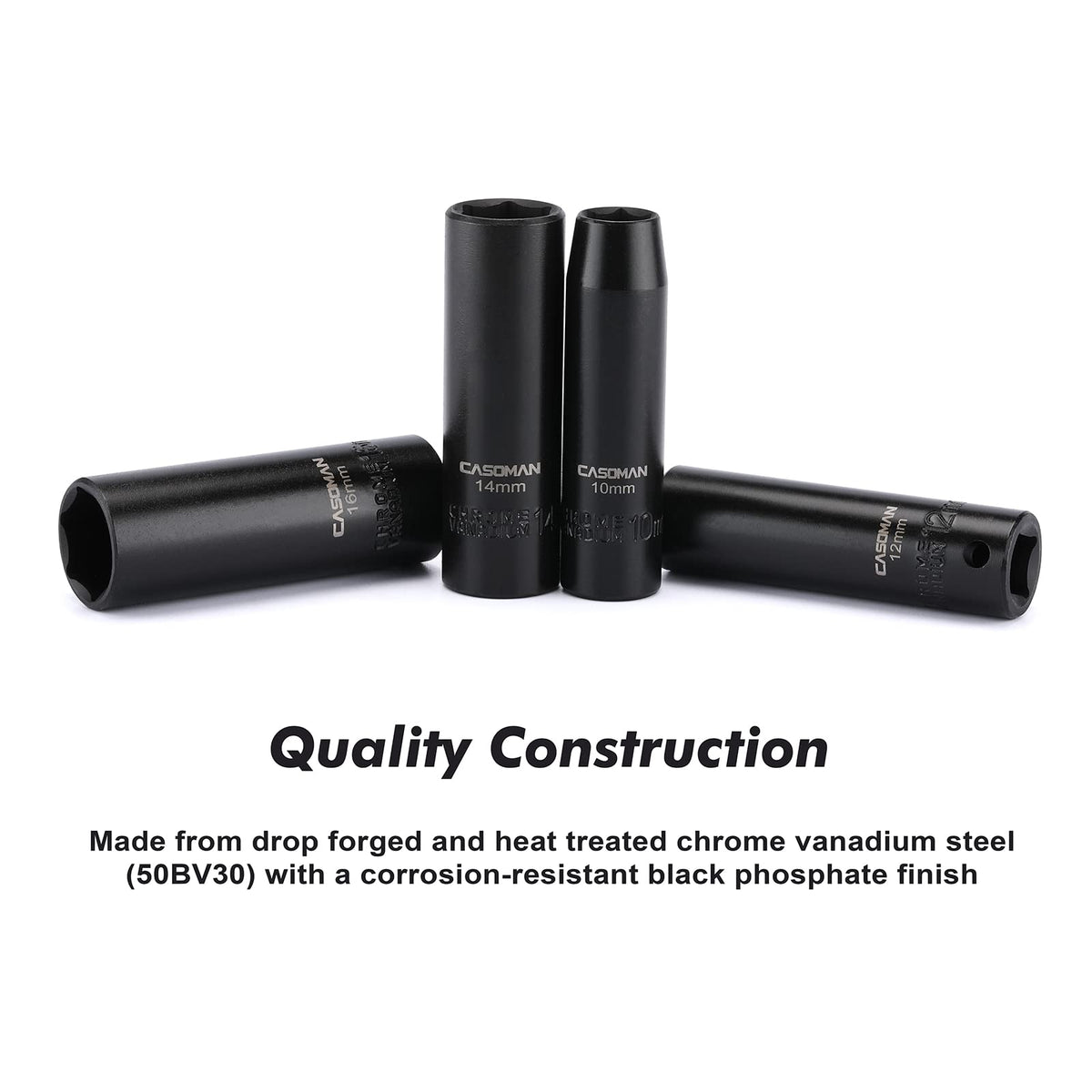 CASOMAN drop-forged chrome vanadium steel sockets for lasting durability.