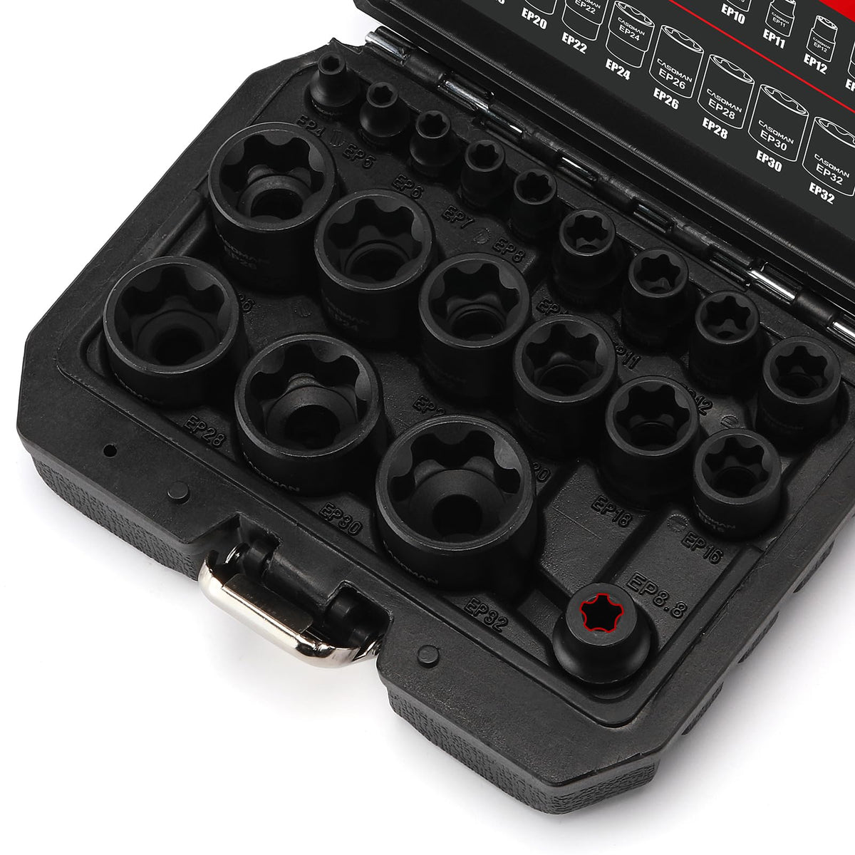 Casoman EP sockets on 1/4-inch drive for secure fastener engagement in repairs