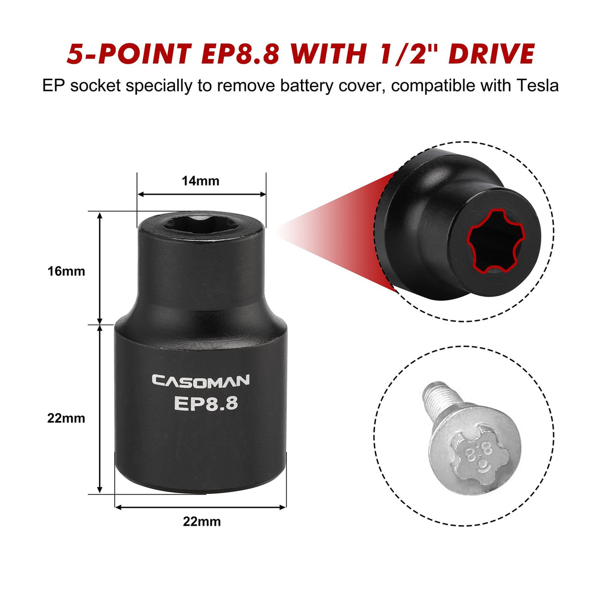 Casoman 5-point EP8.8 Tesla socket for battery cover screws