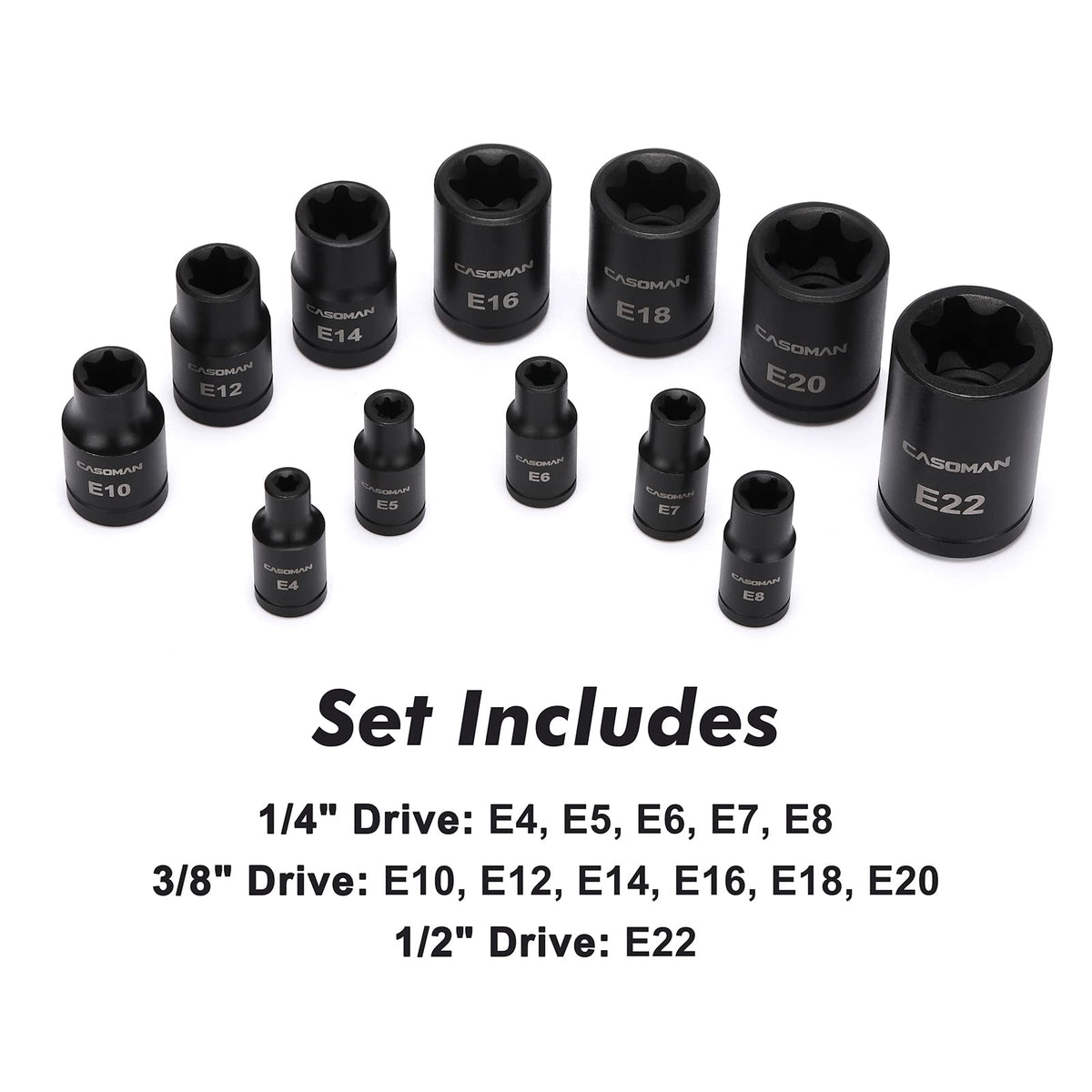 CASOMAN E-Torx sockets 3-8 drive E10–E20 for everyday tasks