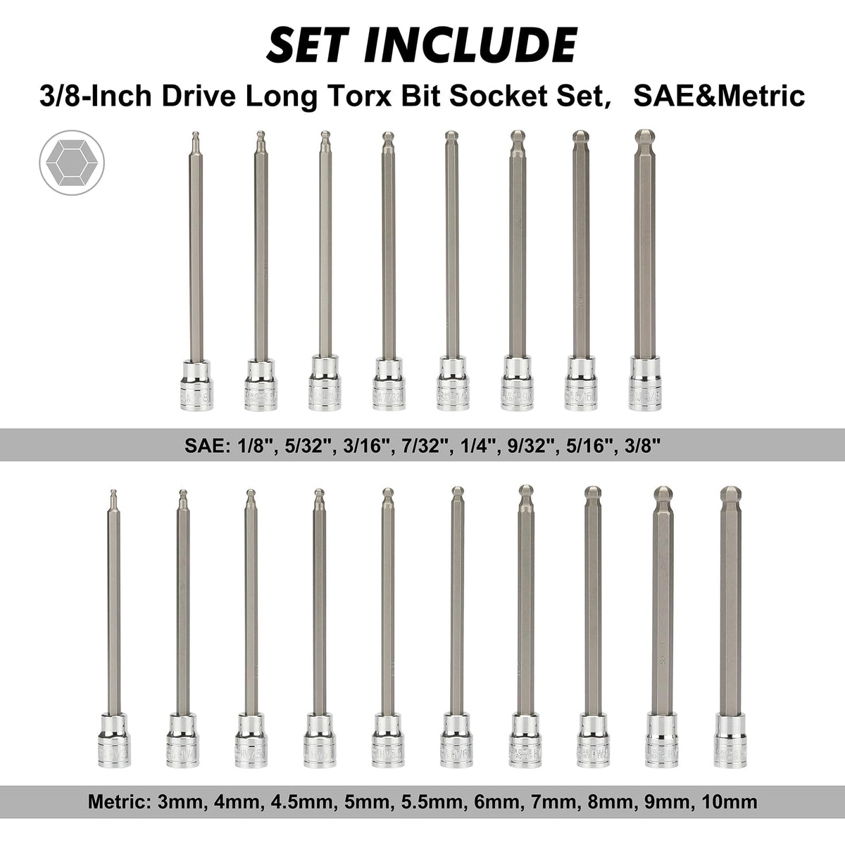 Long-reach CASOMAN hex bit sockets enabling deep fastener access