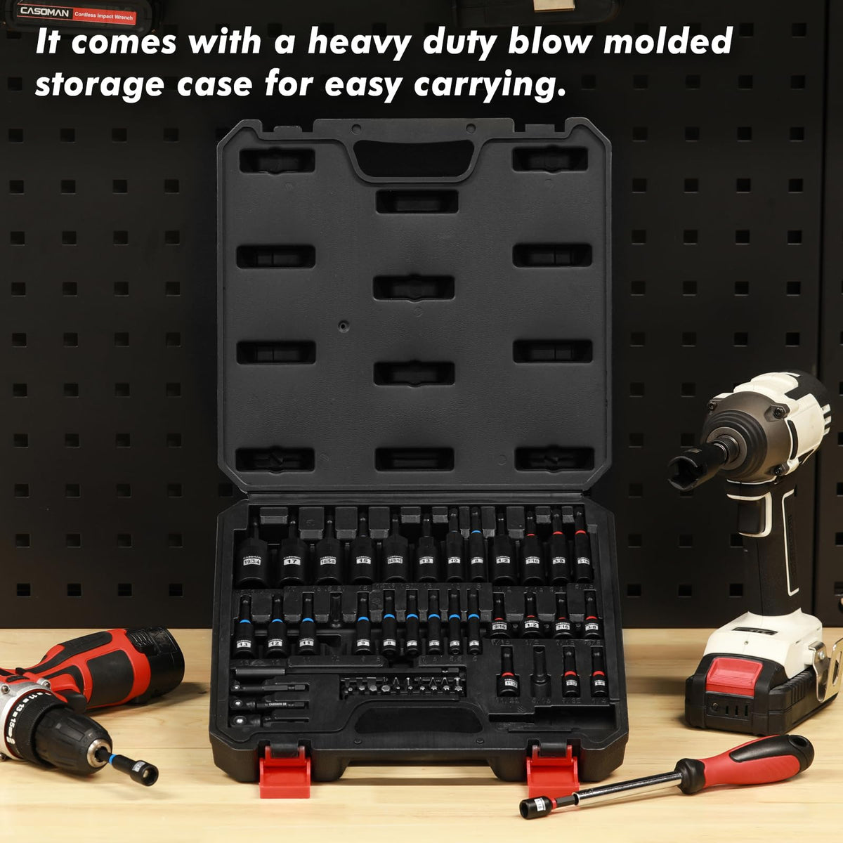 Casoman heavy-duty storage case helps organize tools.