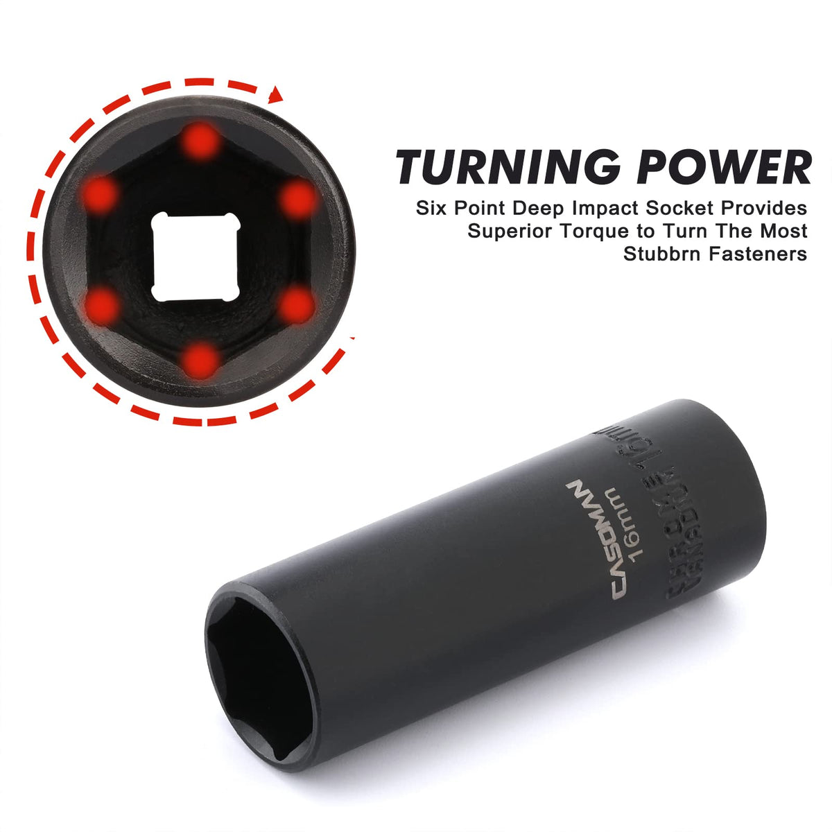 CASOMAN laser-etched socket sizes for quick selection during repairs.