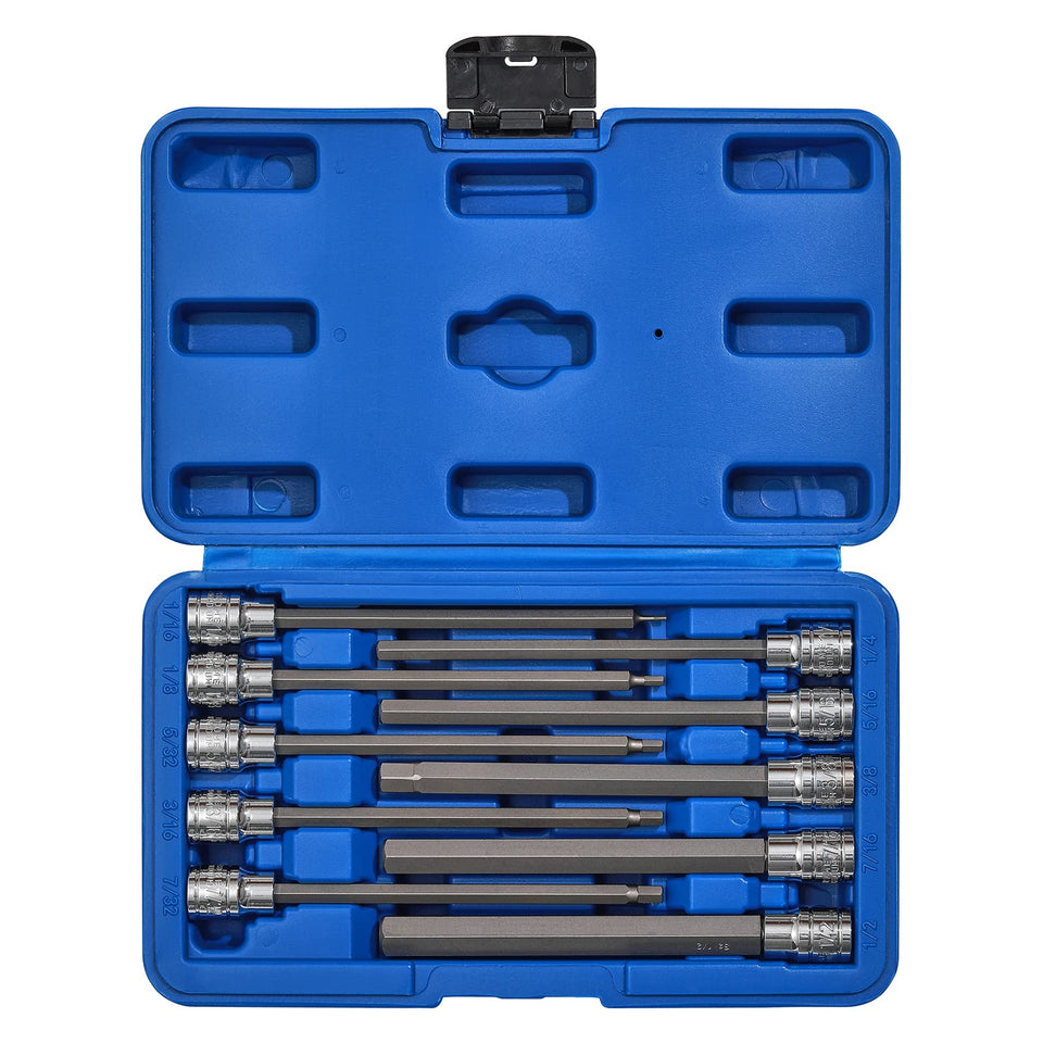 Casoman long hex bit set with 3/8 inch drive for deep reach and versatility.