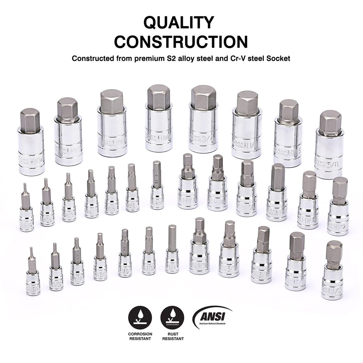 Metric hex sockets range from 2 mm to 19 mm for common fasteners