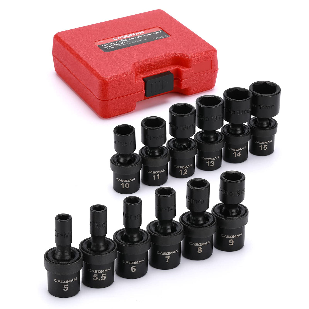 Casoman quarter-inch drive shallow universal socket set with metric sizes 5mm–15mm for versatile fastener access.