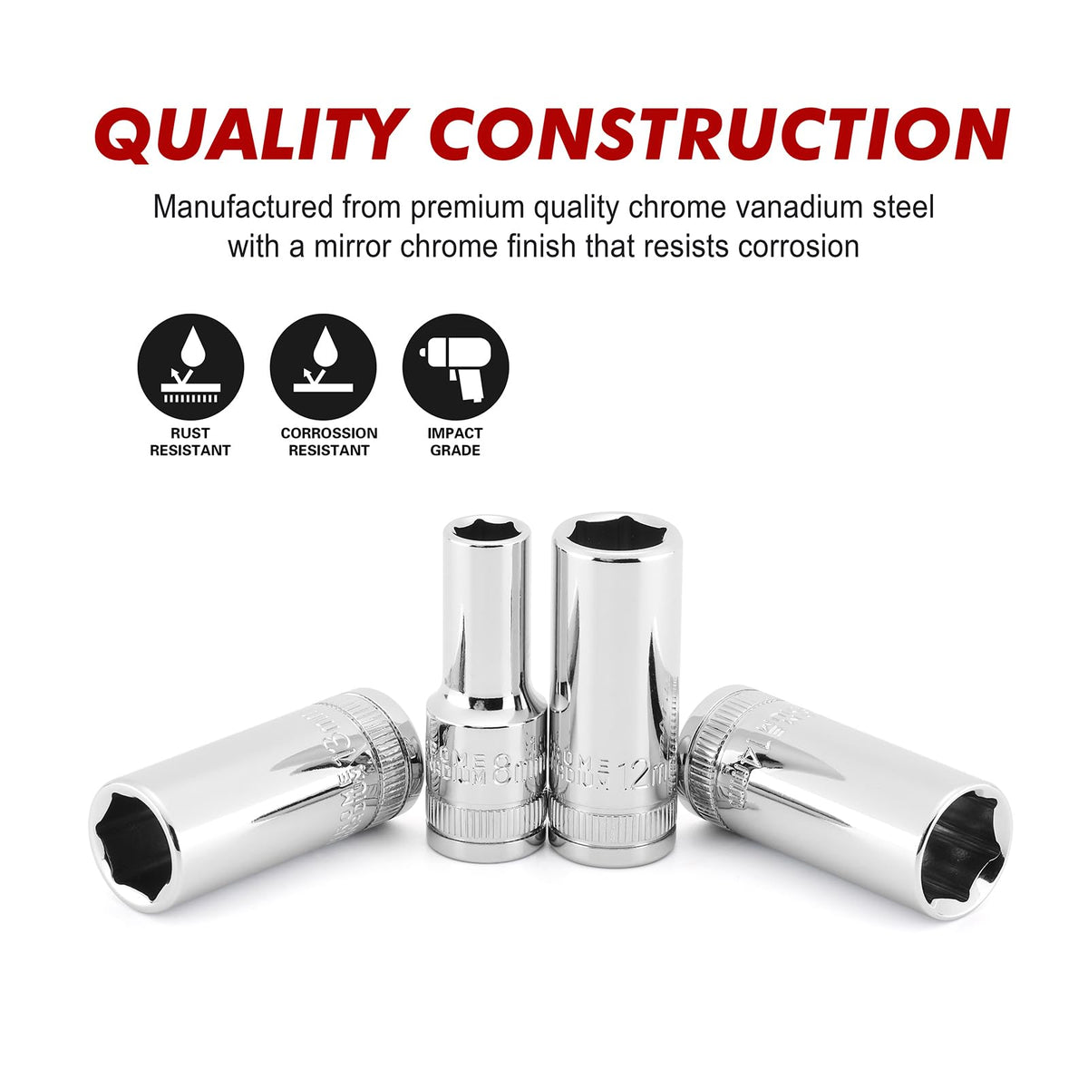 CASOMAN sockets with laser-etched size markings for quick, accurate identification.