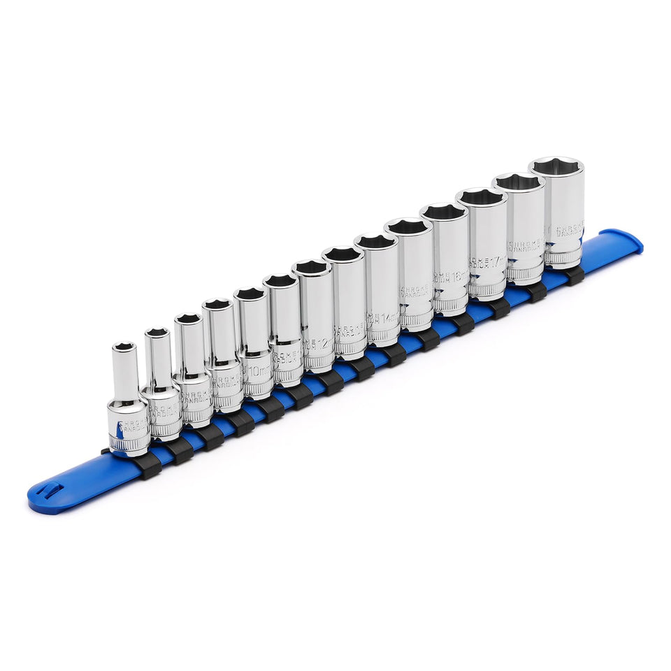CASOMAN 14pc mid-length sockets, front view, 3/8 drive for versatile repairs.