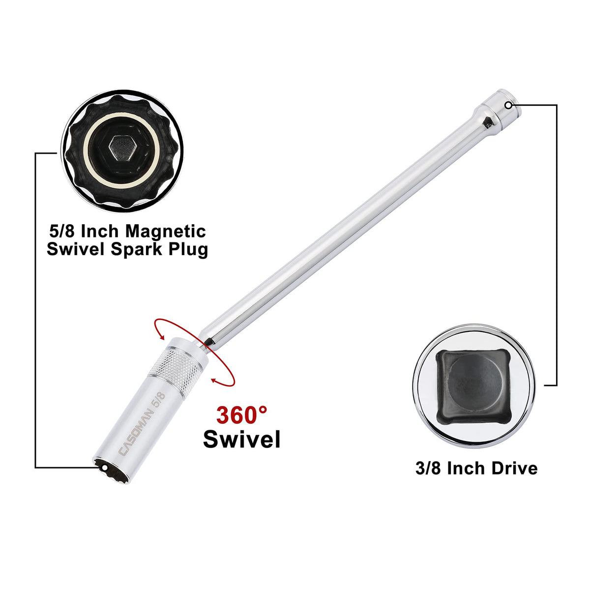 CASOMAN spark plug socket 360 swivel 11-inch length for extended reach