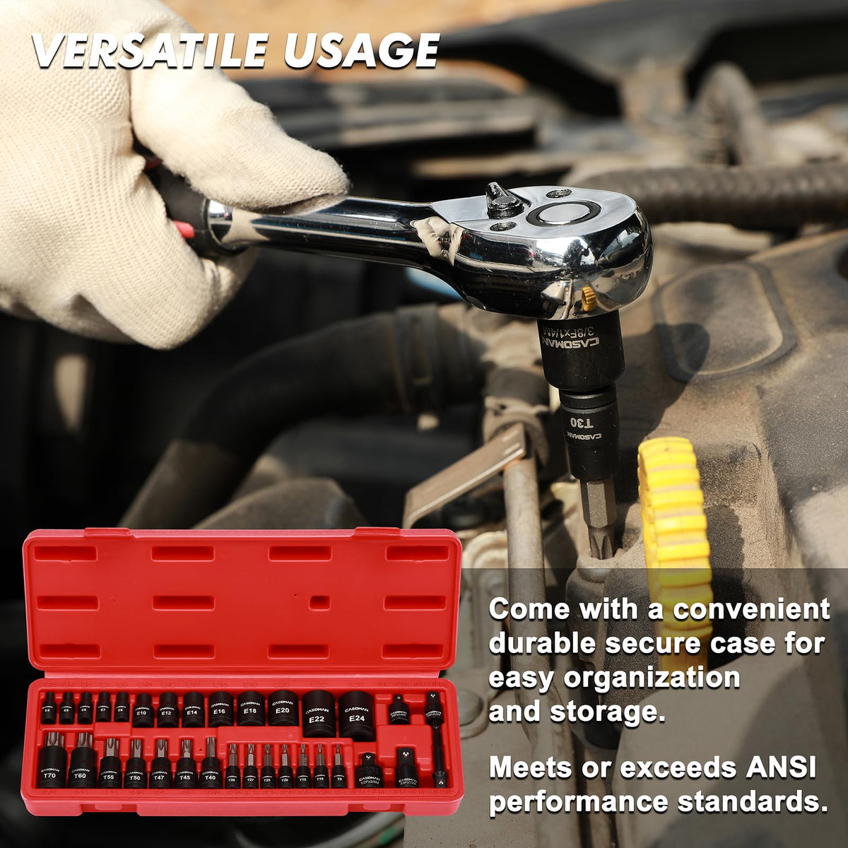 CASOMAN torx bit socket set includes case and 1-year warranty.