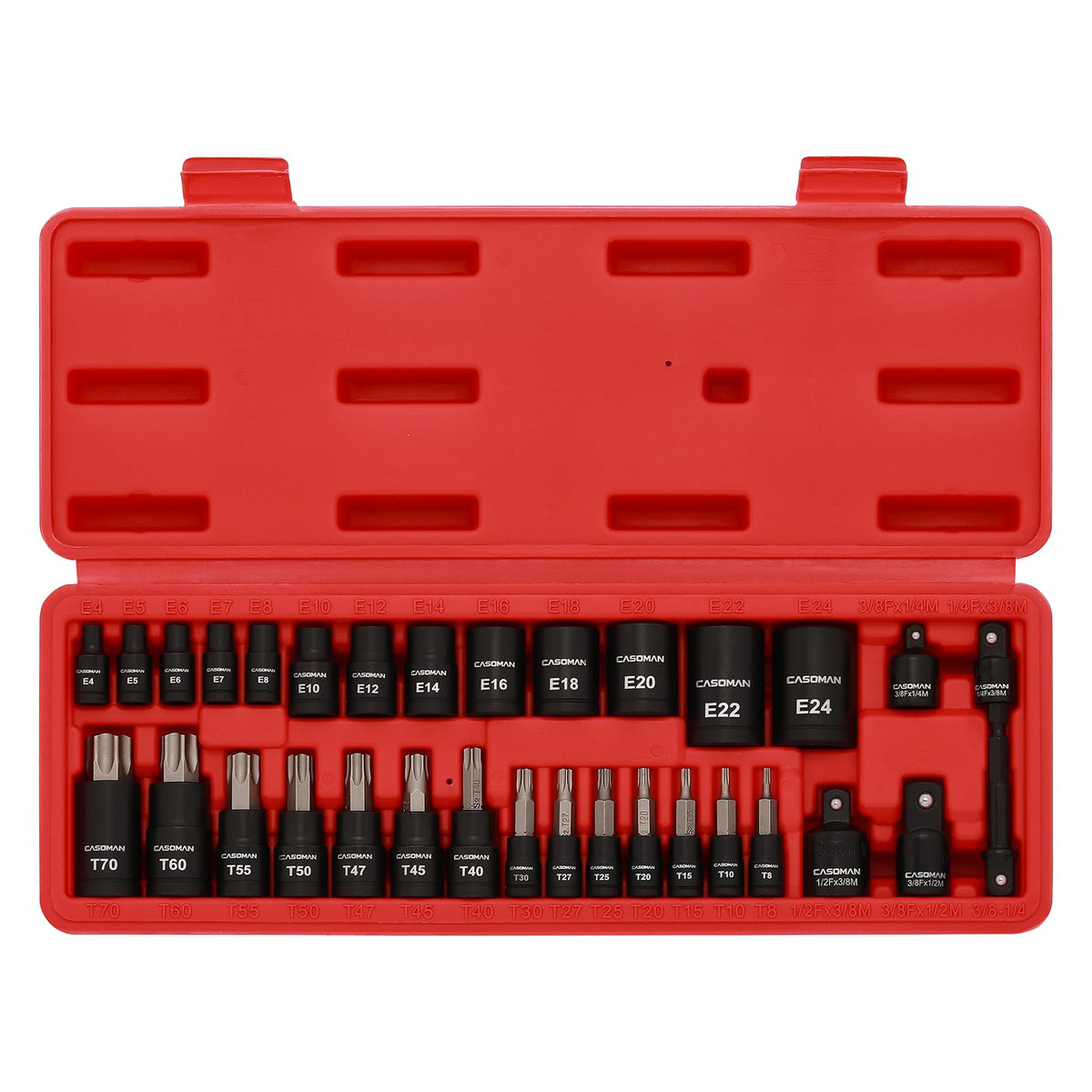 CASOMAN torx bit socket set with E-torx sockets covering E4–E24.