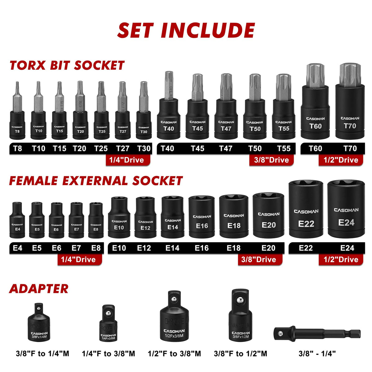 CASOMAN torx bit socket set includes impact adapters for quick drive changes.