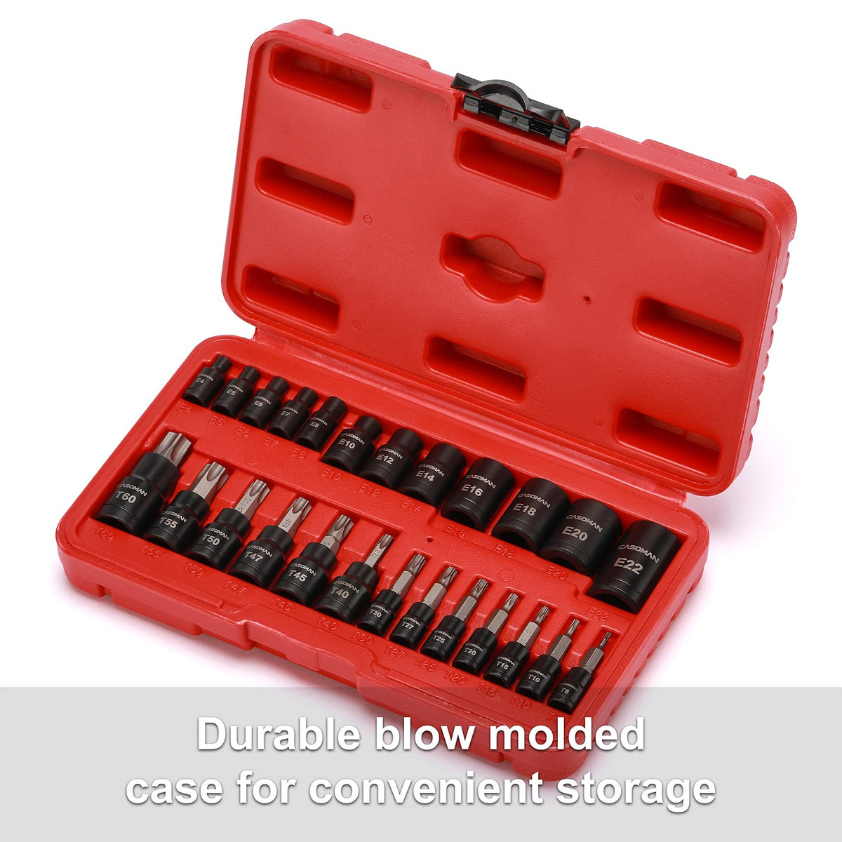CASOMAN sockets feature high-contrast laser-etched markings for quick size ID