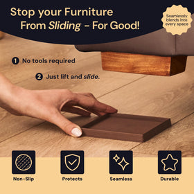 CasterMaster pads under table feet securing furniture on wood floors