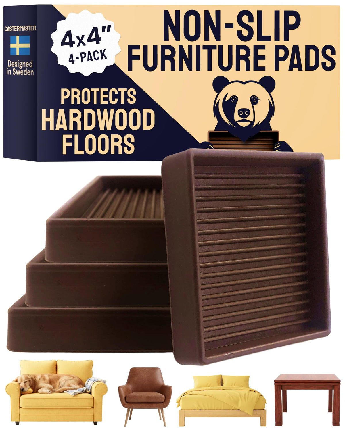 CasterMaster non-slip furniture pads 4x4 prevent sliding on hardwood floors