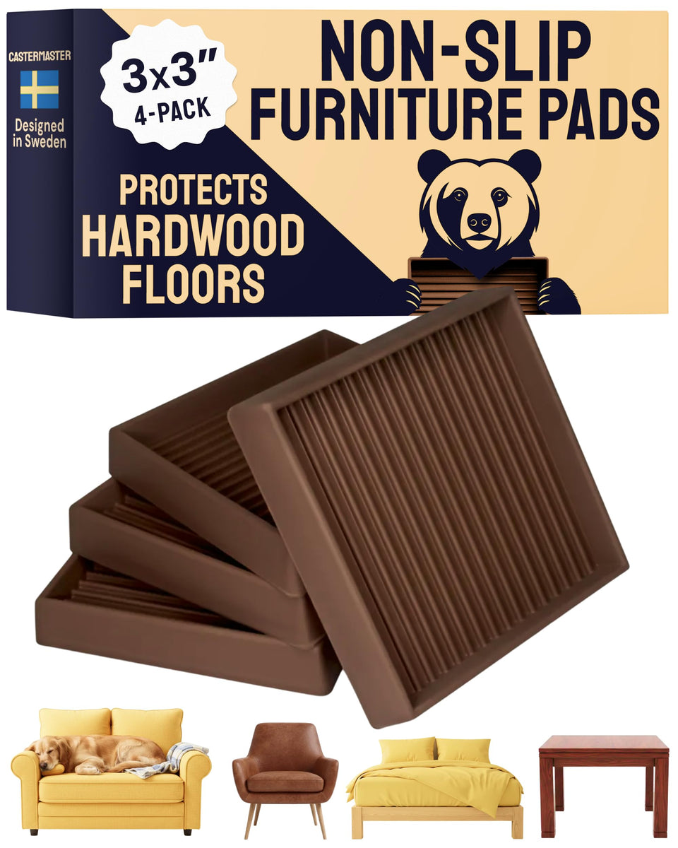 CasterMaster non-slip pad on chair leg provides floor protection and stability.