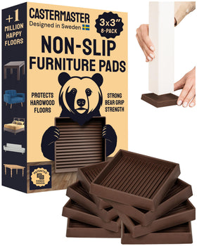 CasterMaster 3x3 brown rubber feet pad closeup showing non-slip grip on wood floors