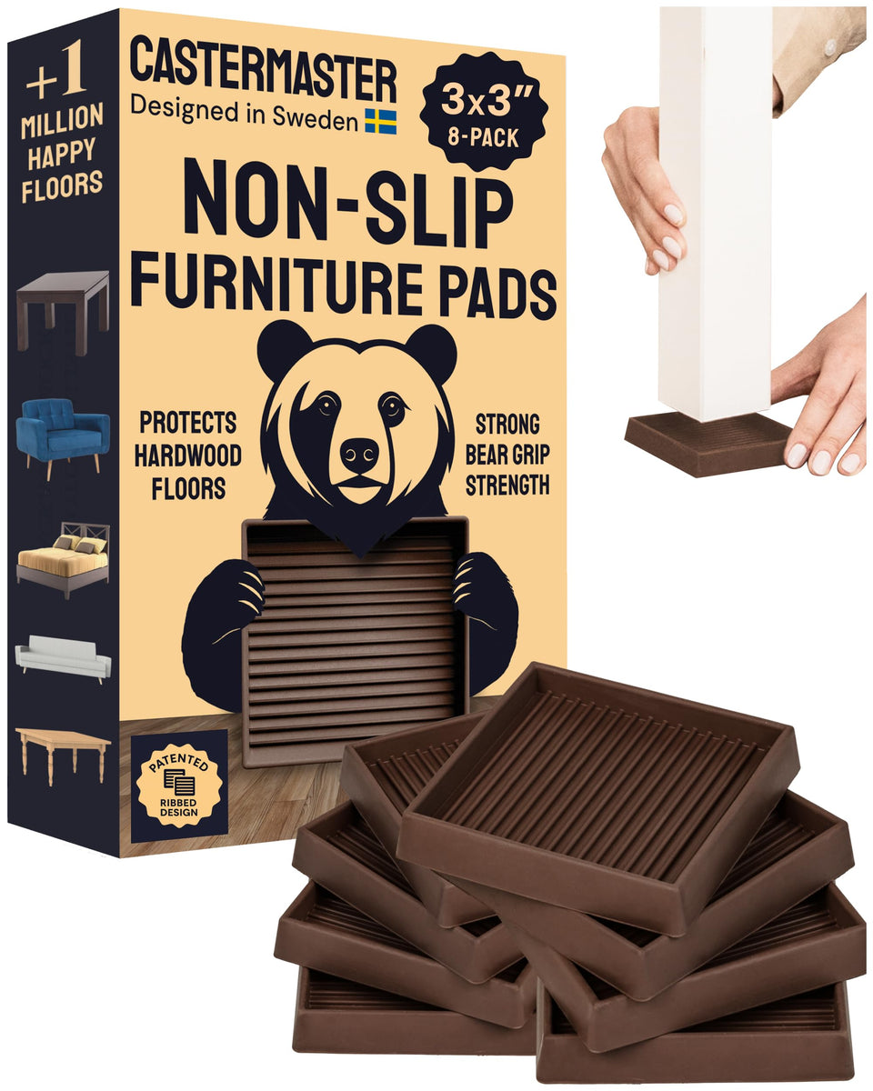 CasterMaster 3x3 brown rubber feet pad closeup showing non-slip grip on wood floors