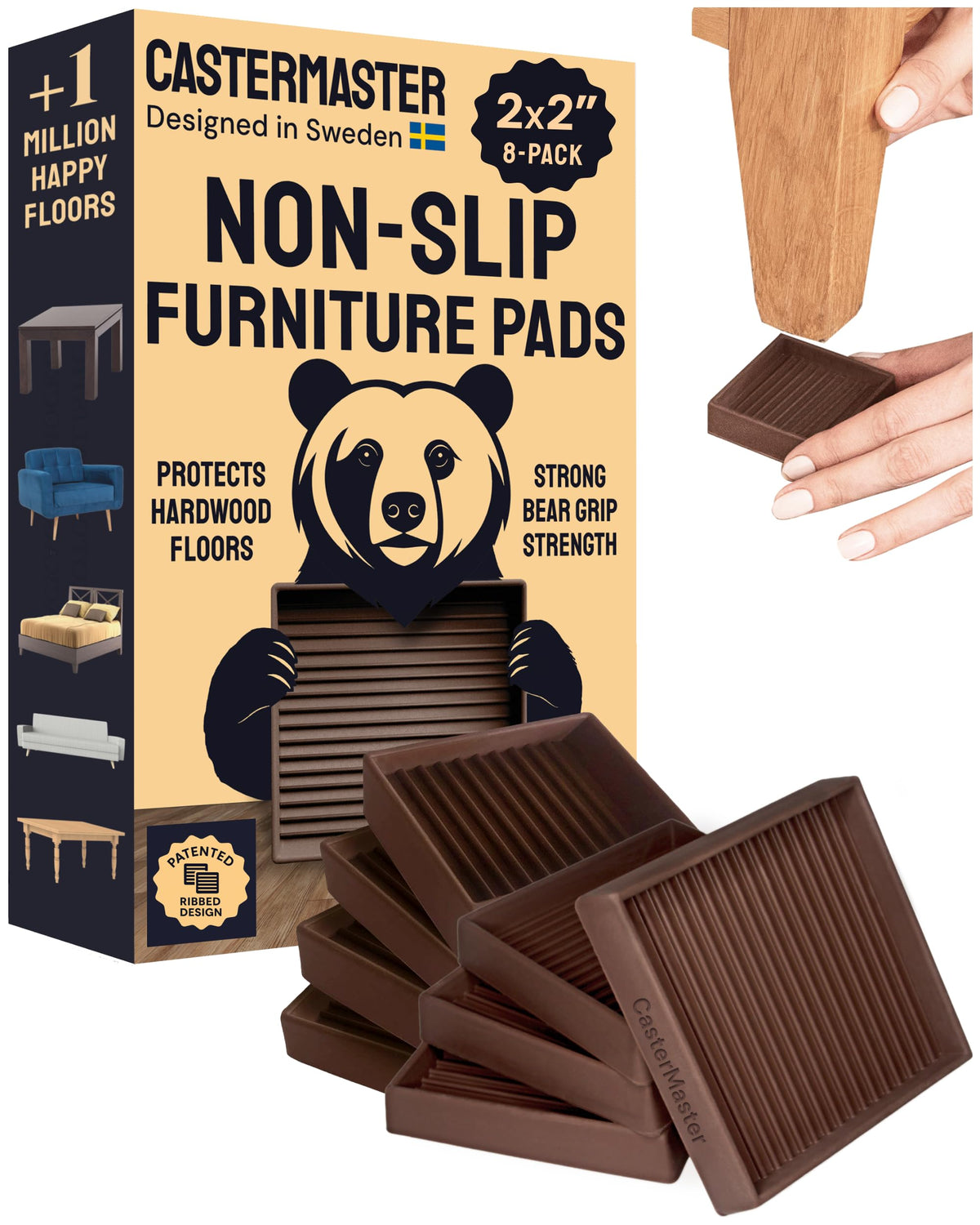 CasterMaster square rubber pad on brown finish for non-slip floor protection