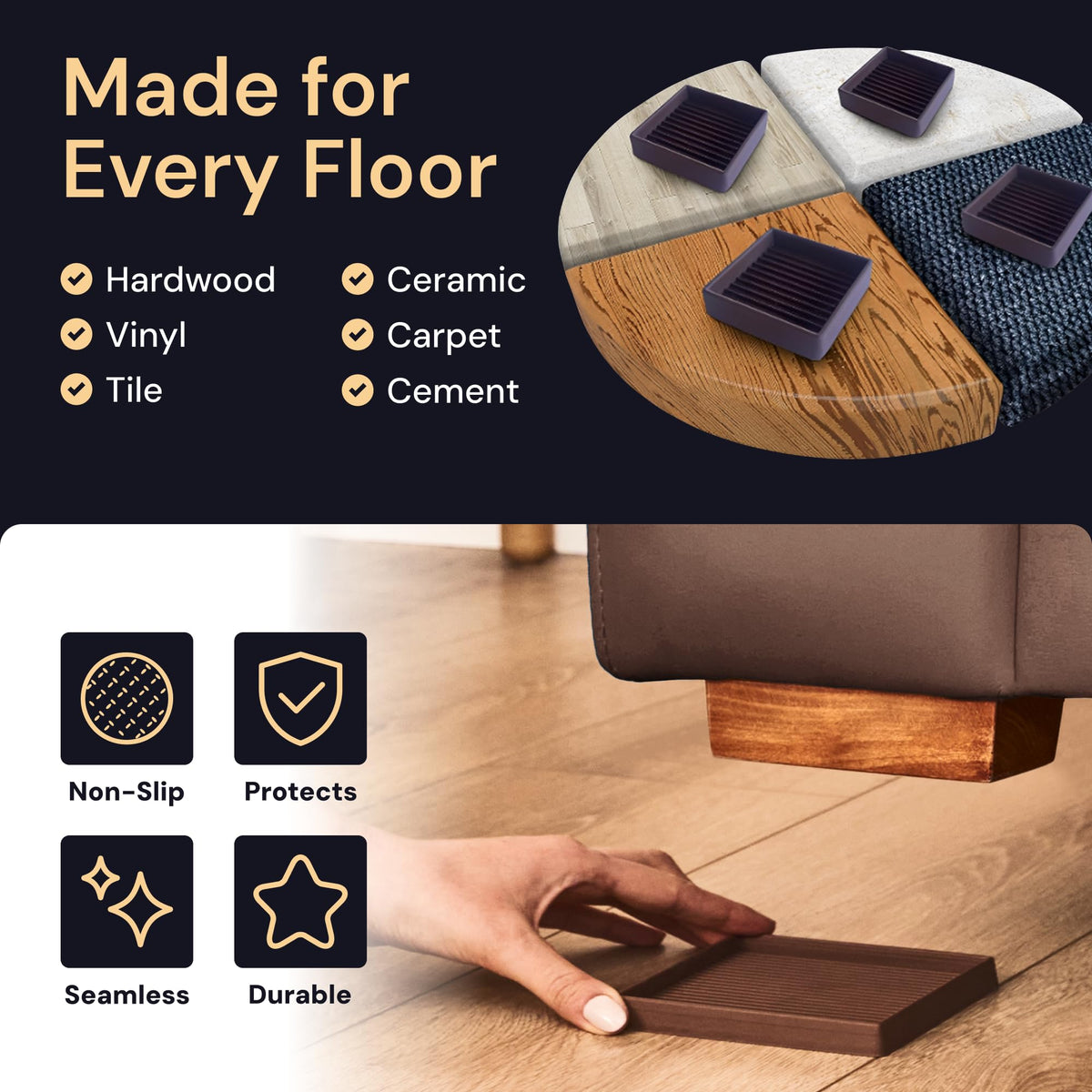 CasterMaster tool-free installation for quick setup under furniture legs