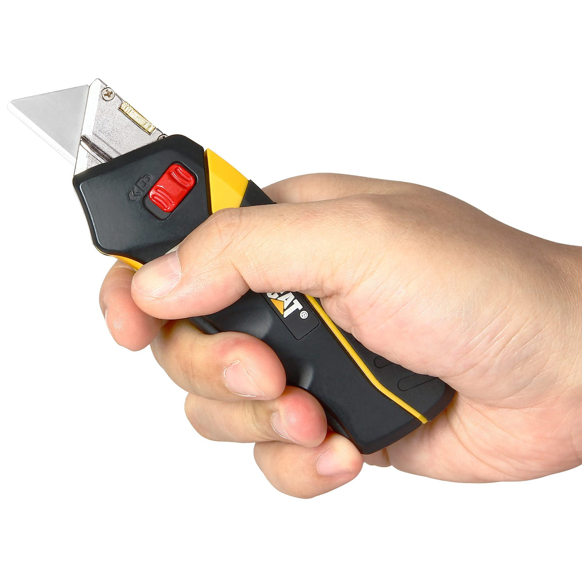 CAT utility knife reveals interior blade storage with three blades.