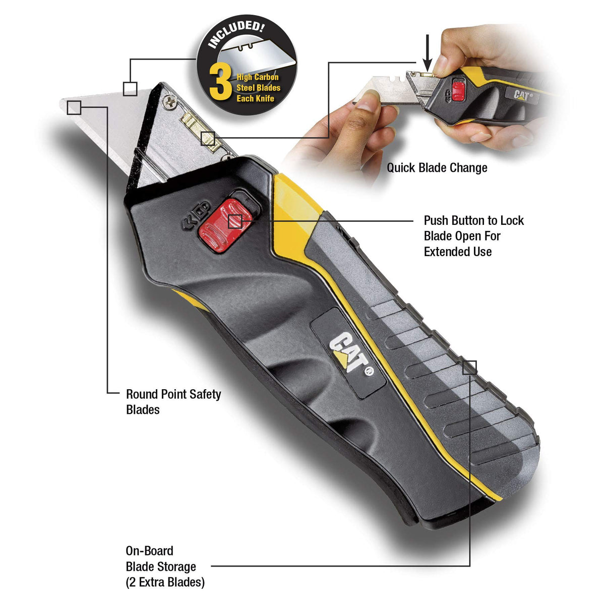 CAT Safety Knife with squeeze handle enabling controlled blade extension.
