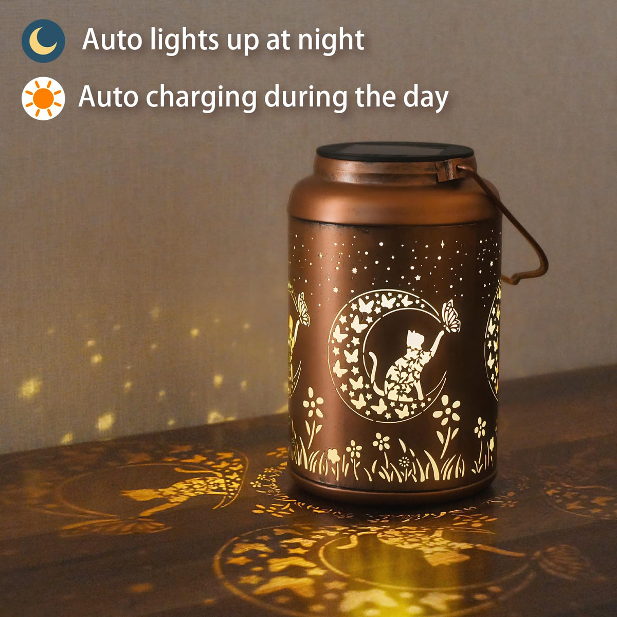 Close-up of Cawalap Cat Solar Lantern gold copper finish