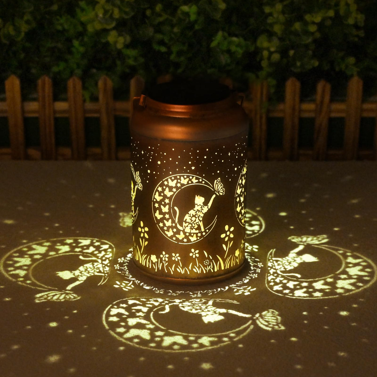Night-time glow from Cawalap Cat Solar Lantern for outdoor ambiance