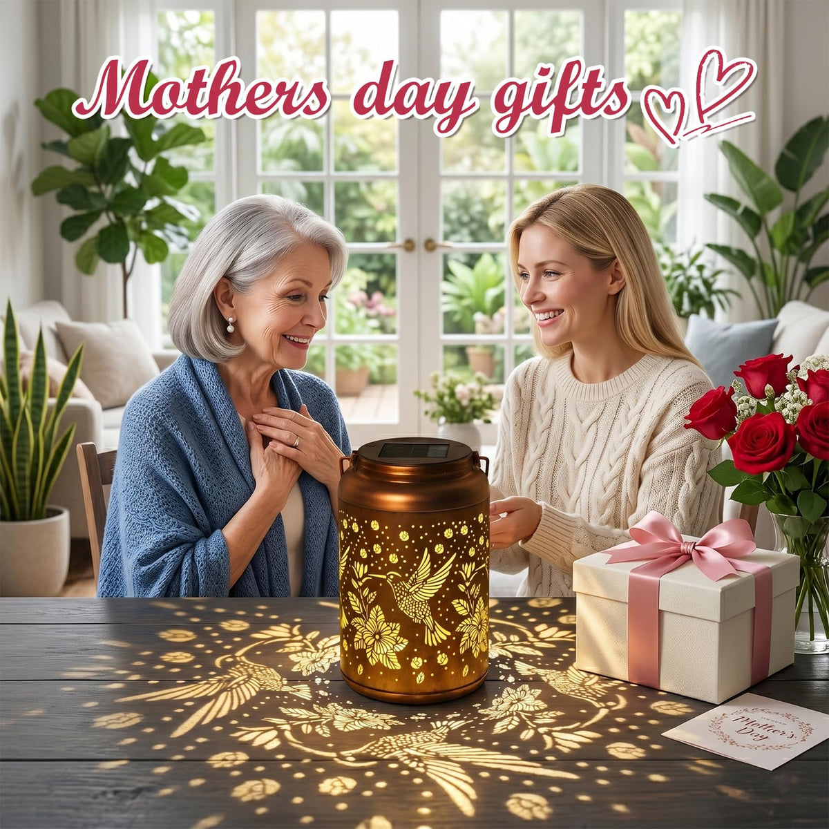 Cawalap hummingbird lantern along garden path with golden copper glow