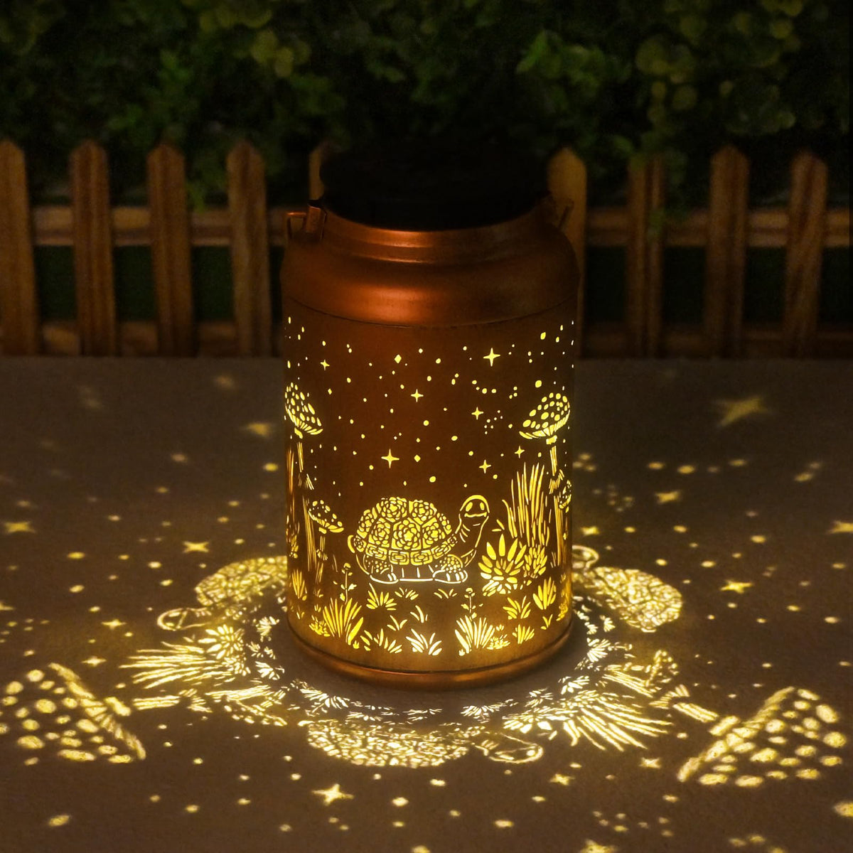 Cawalap turtle lantern garden decor closeup highlights intricate metal pattern and retro charm.