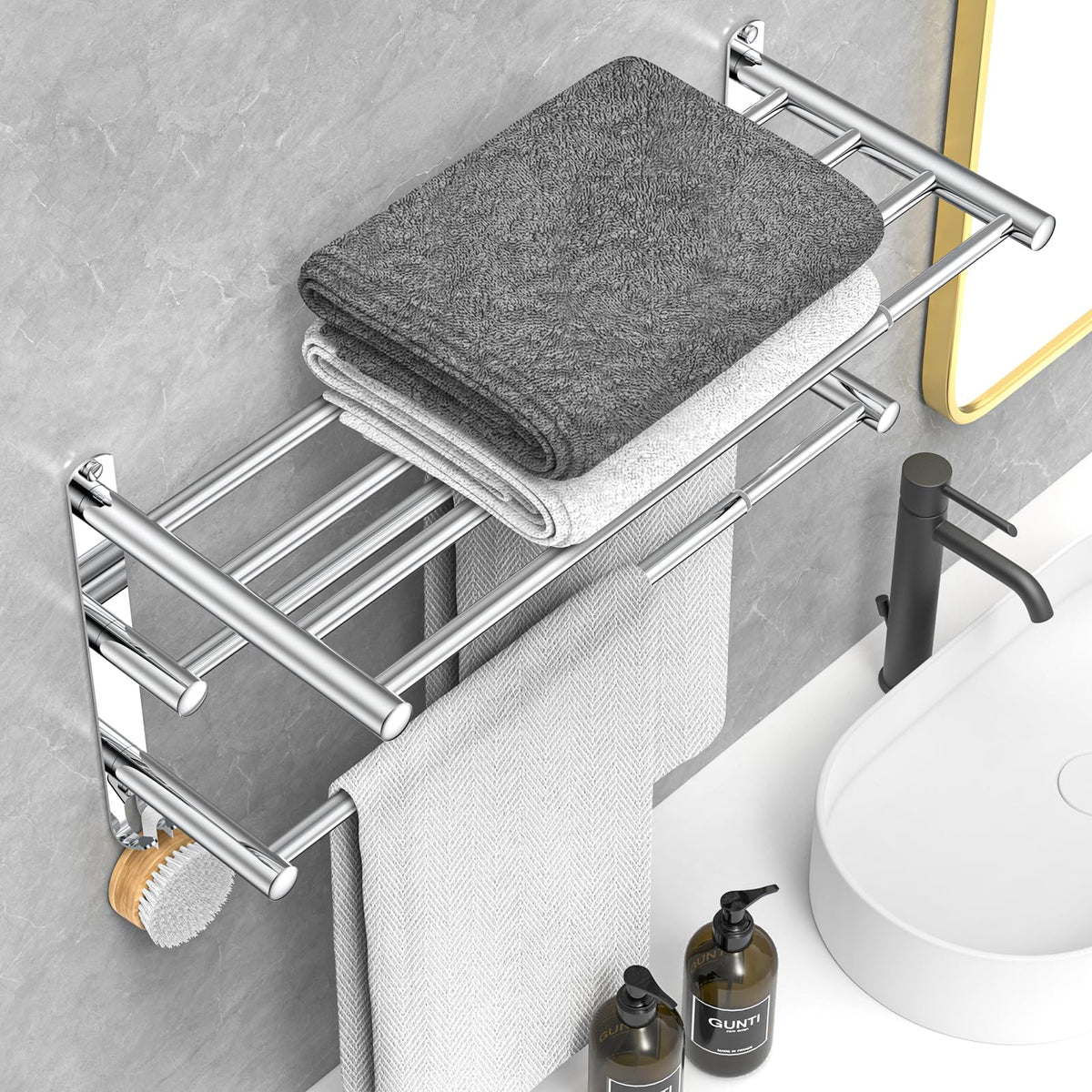 CAXIMSY stainless steel towel bar shown with adhesive mounting option