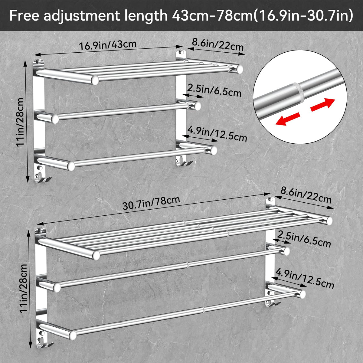Extended length from 17 to 30.7 inches for larger towels