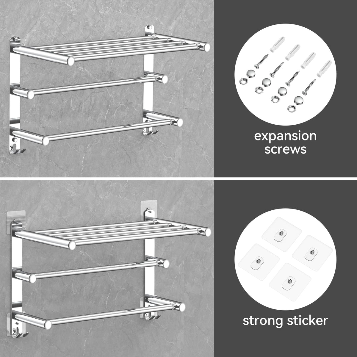 Easy installation with screws or adhesive to protect walls