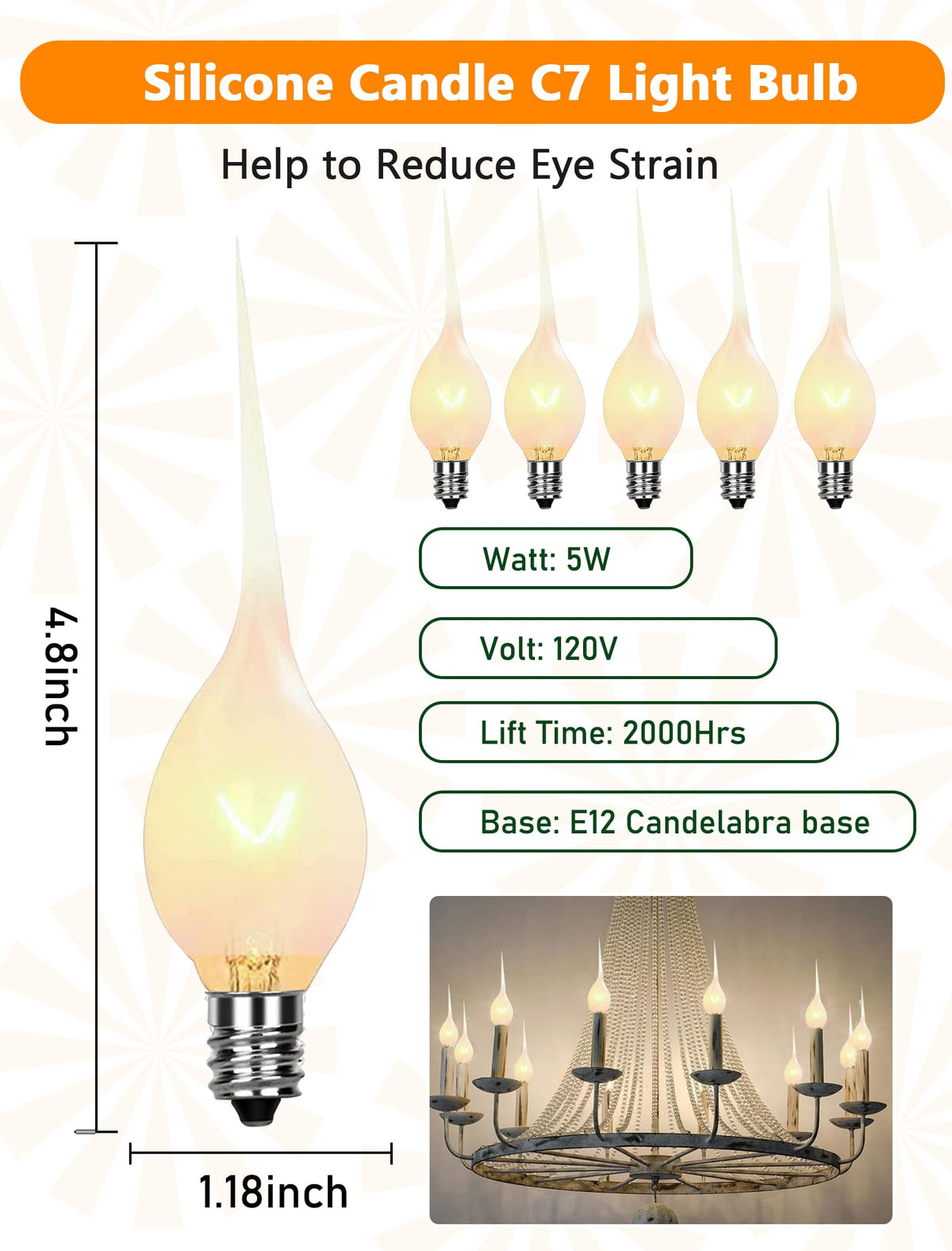 Cbebew clear candle bulb with silicone coating fits E12 bases.