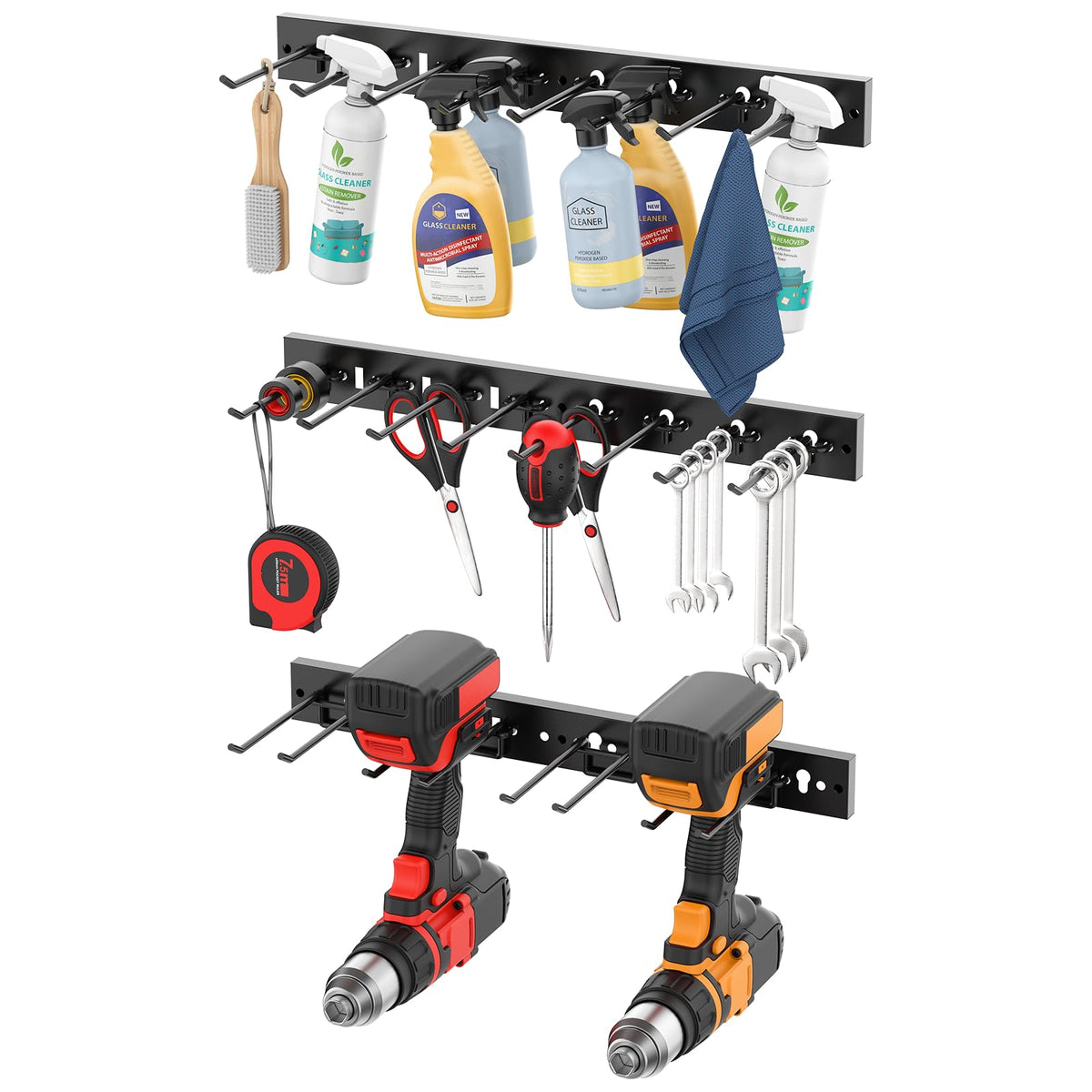 CCCEI 3-strip modular pegboard storage on wall keeps tools tidy.