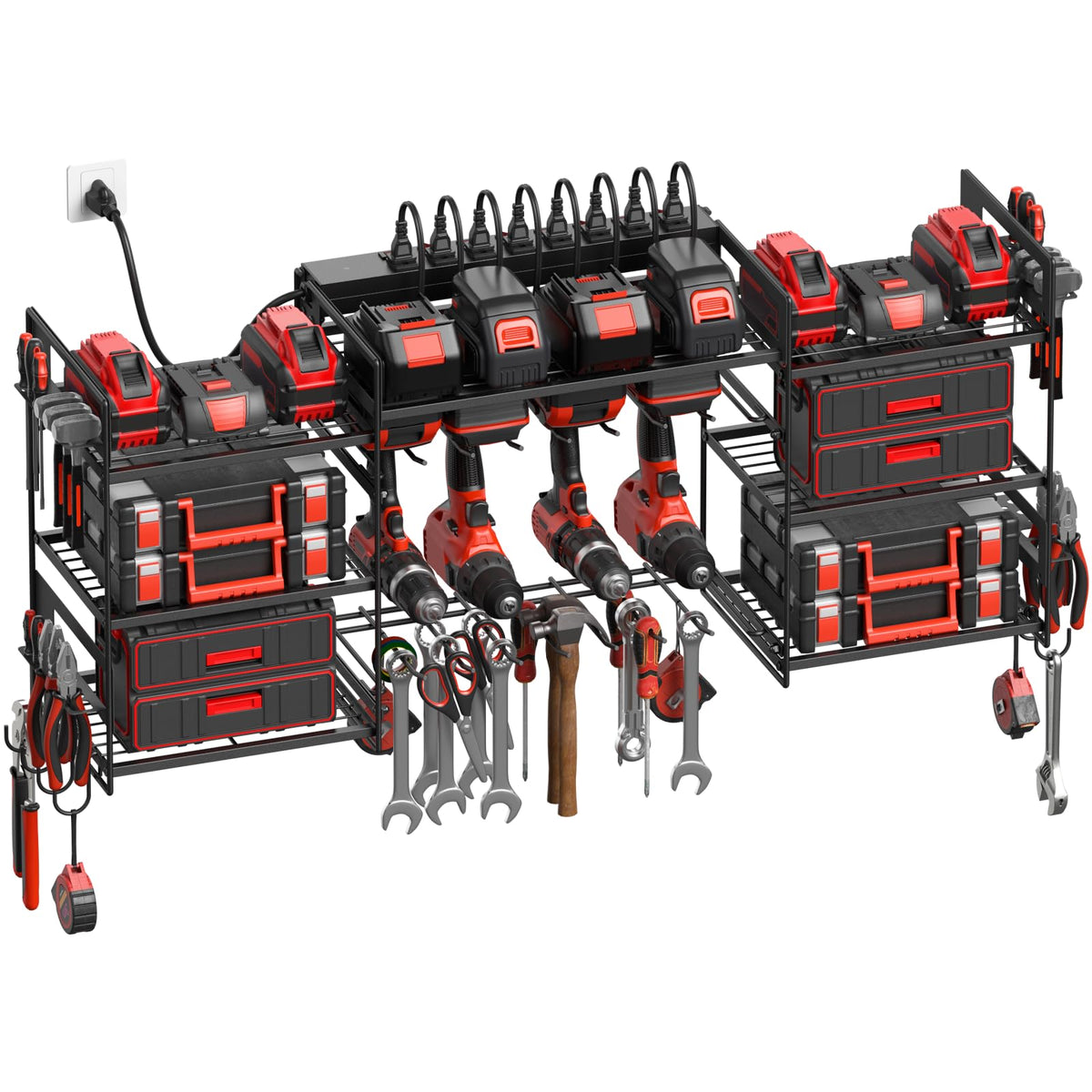 CCCEI black wall-mount power tool organizer keeps drills within reach.