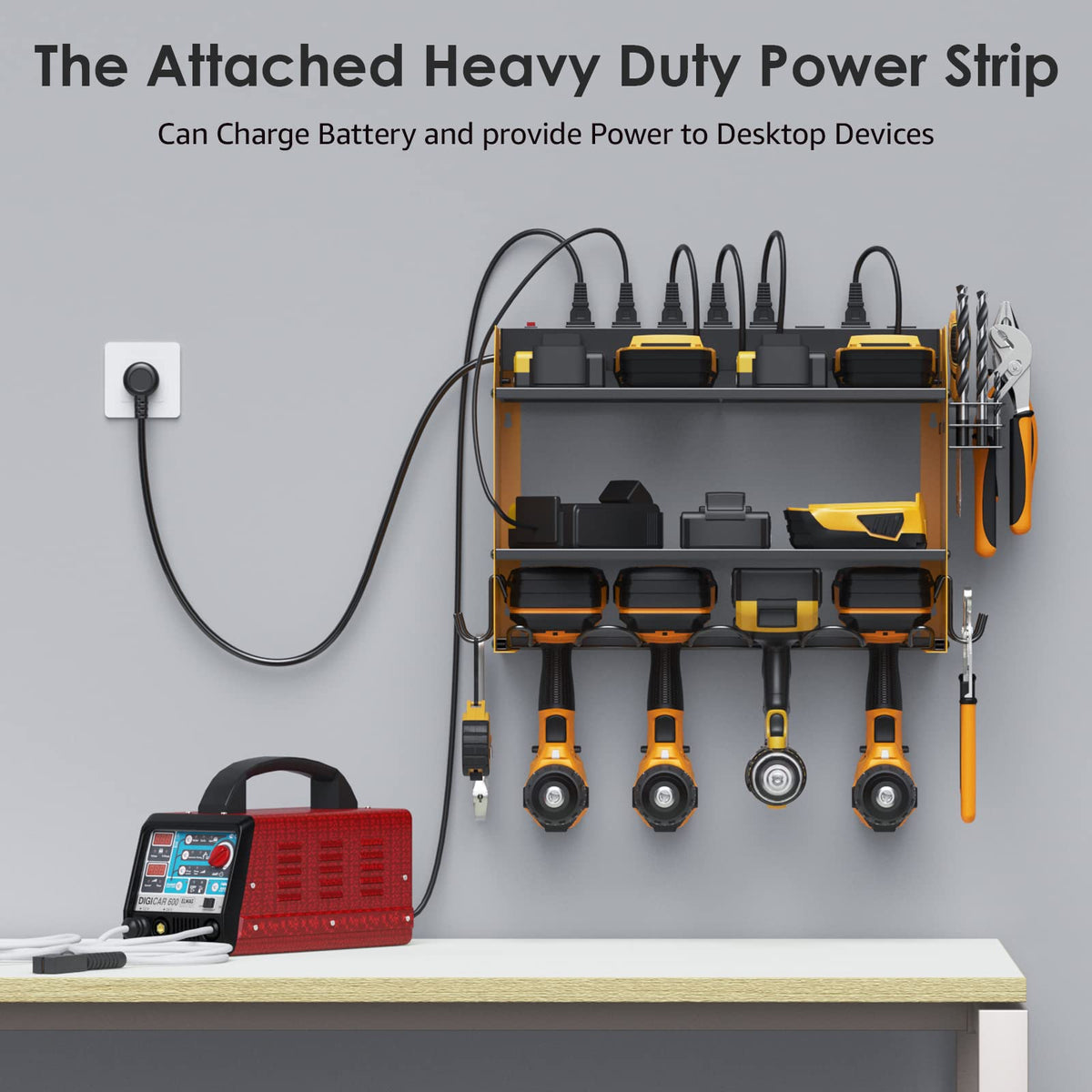 Double-layer tool storage shelf supporting tools and batteries in one unit