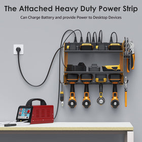 Double-layer tool storage shelf supporting tools and batteries in one unit