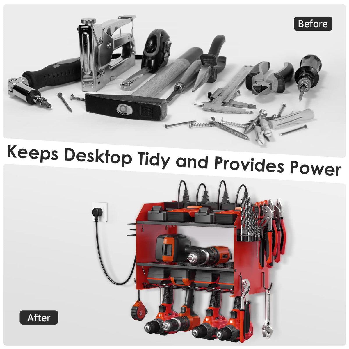 CCCEI drill bit rack and hooks close-up highlights organized accessories