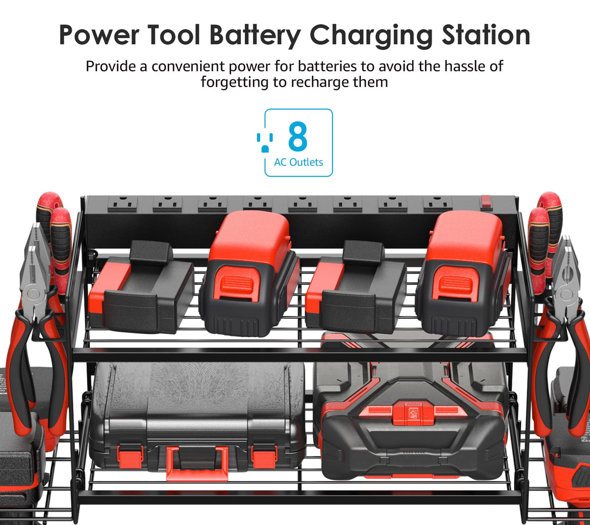 CCCEI metal shelf with 8-outlet power strip charges batteries efficiently.