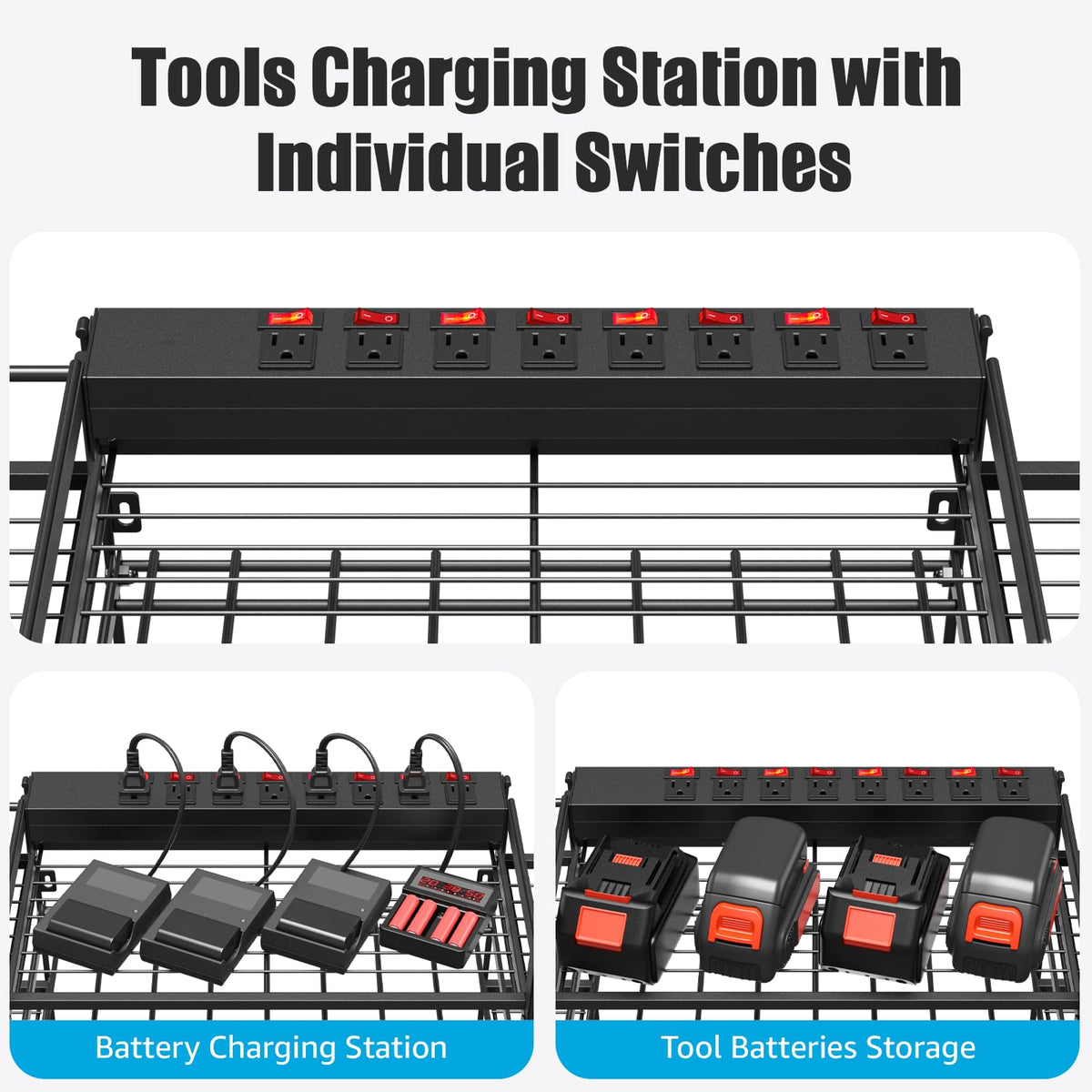 CCCEI large garage tool storage rack with charging station neatly consolidates batteries.