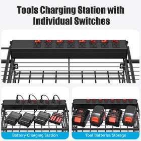 CCCEI large garage tool storage rack with charging station neatly consolidates batteries.