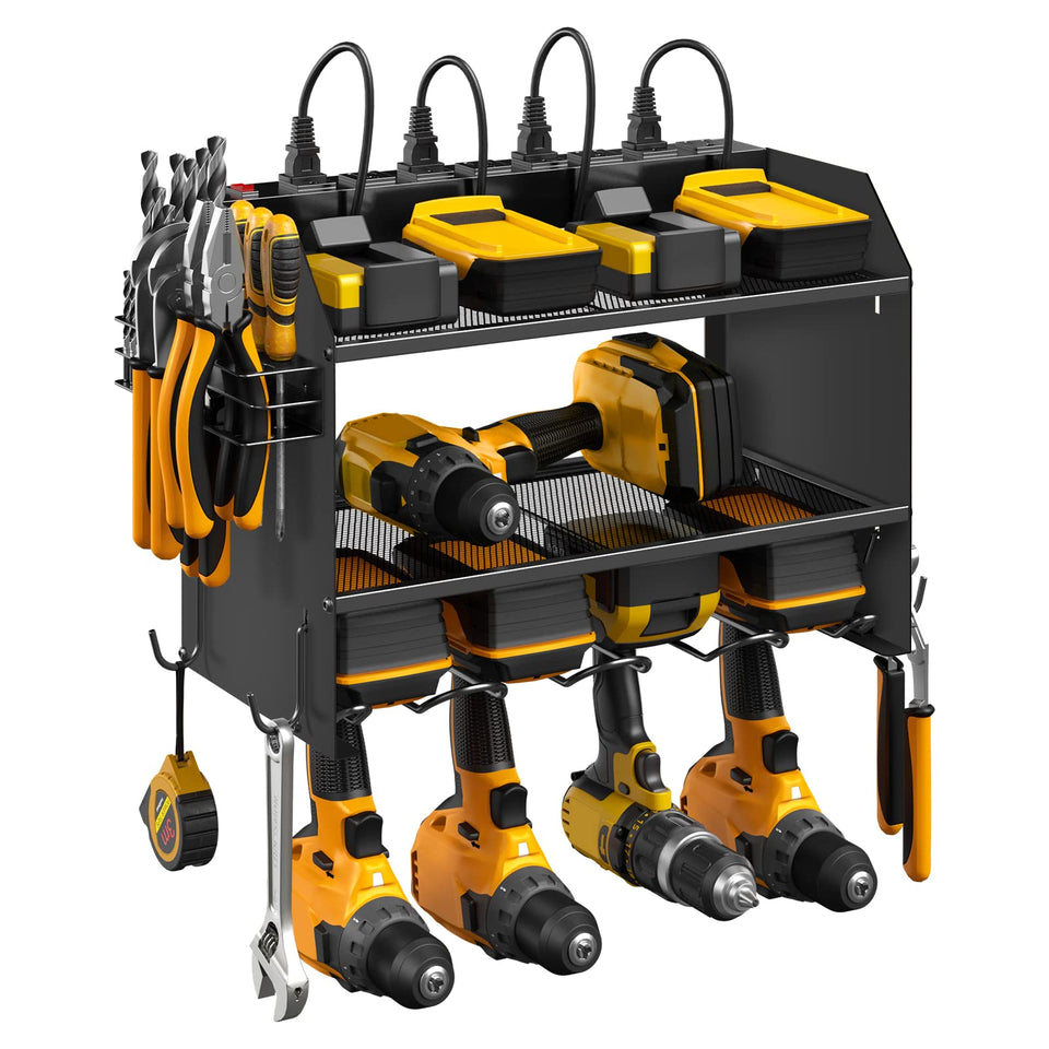 CCCEI modular power tool organizer on a wall mount keeps drills neatly organized.